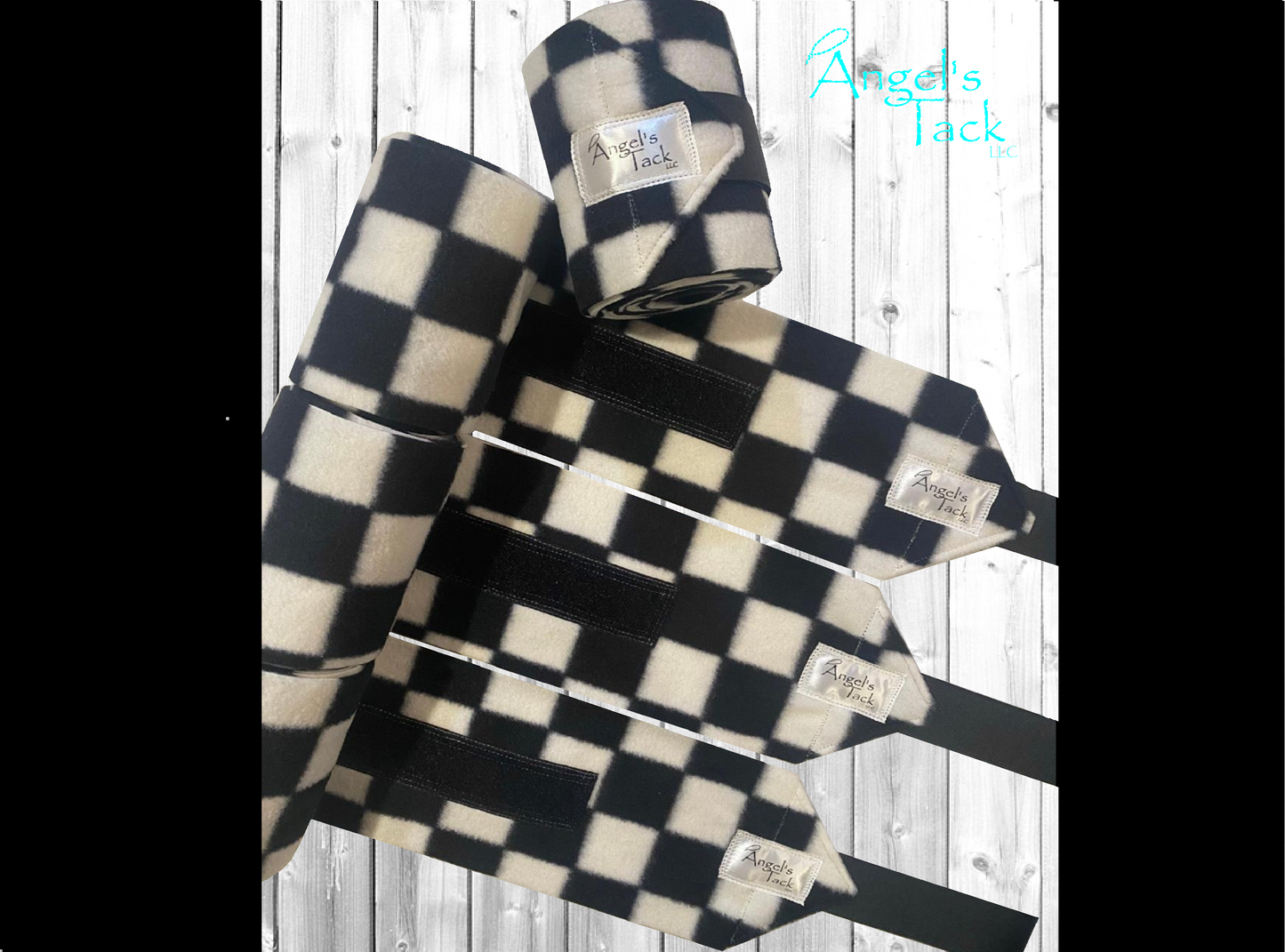 Black and white checkered polo wraps, unrolled