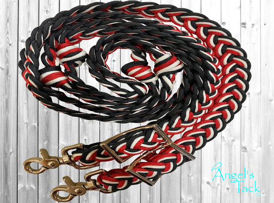 Red black and white barrel reins
