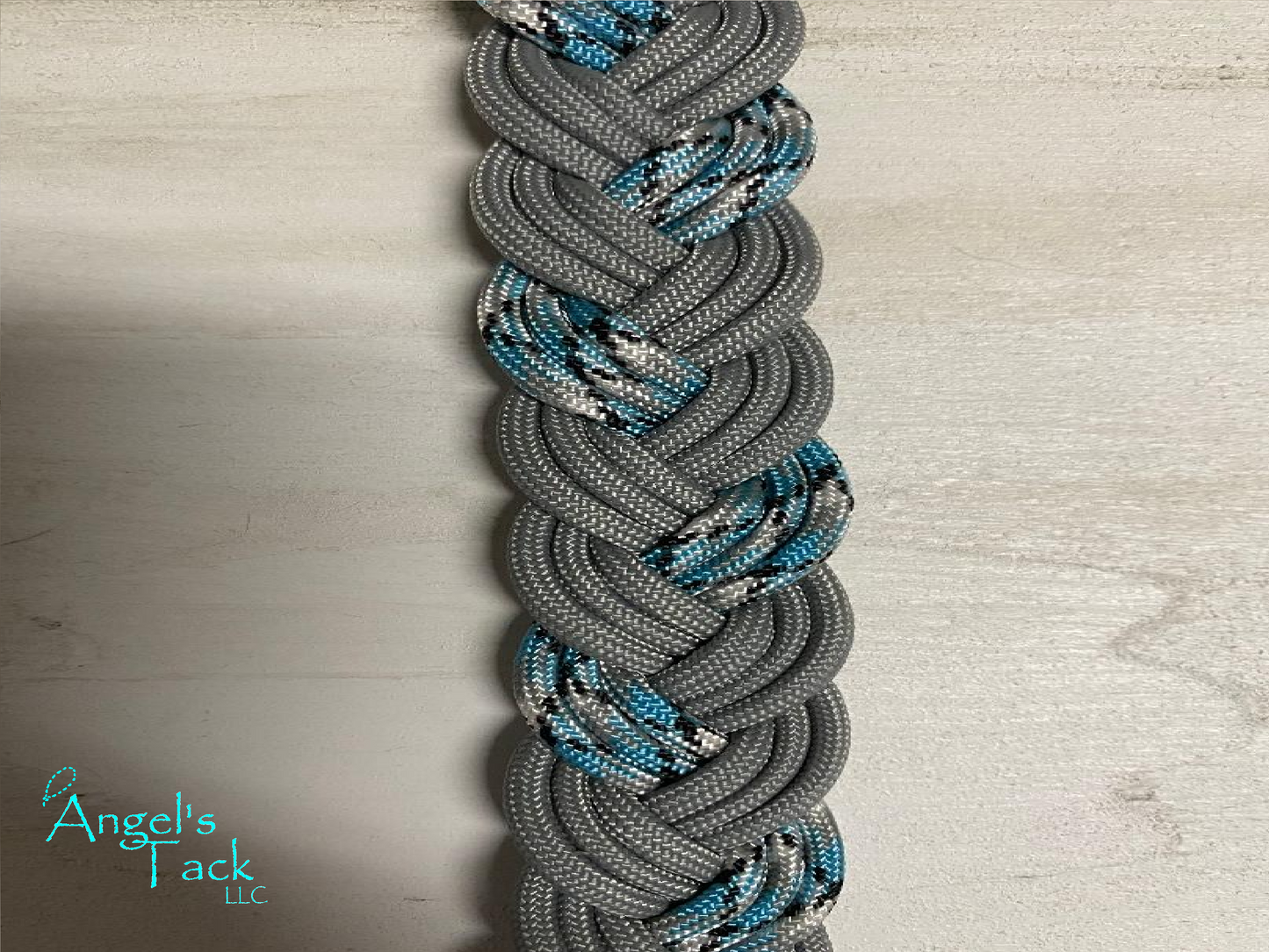 Blue and grey barrel reins, close up