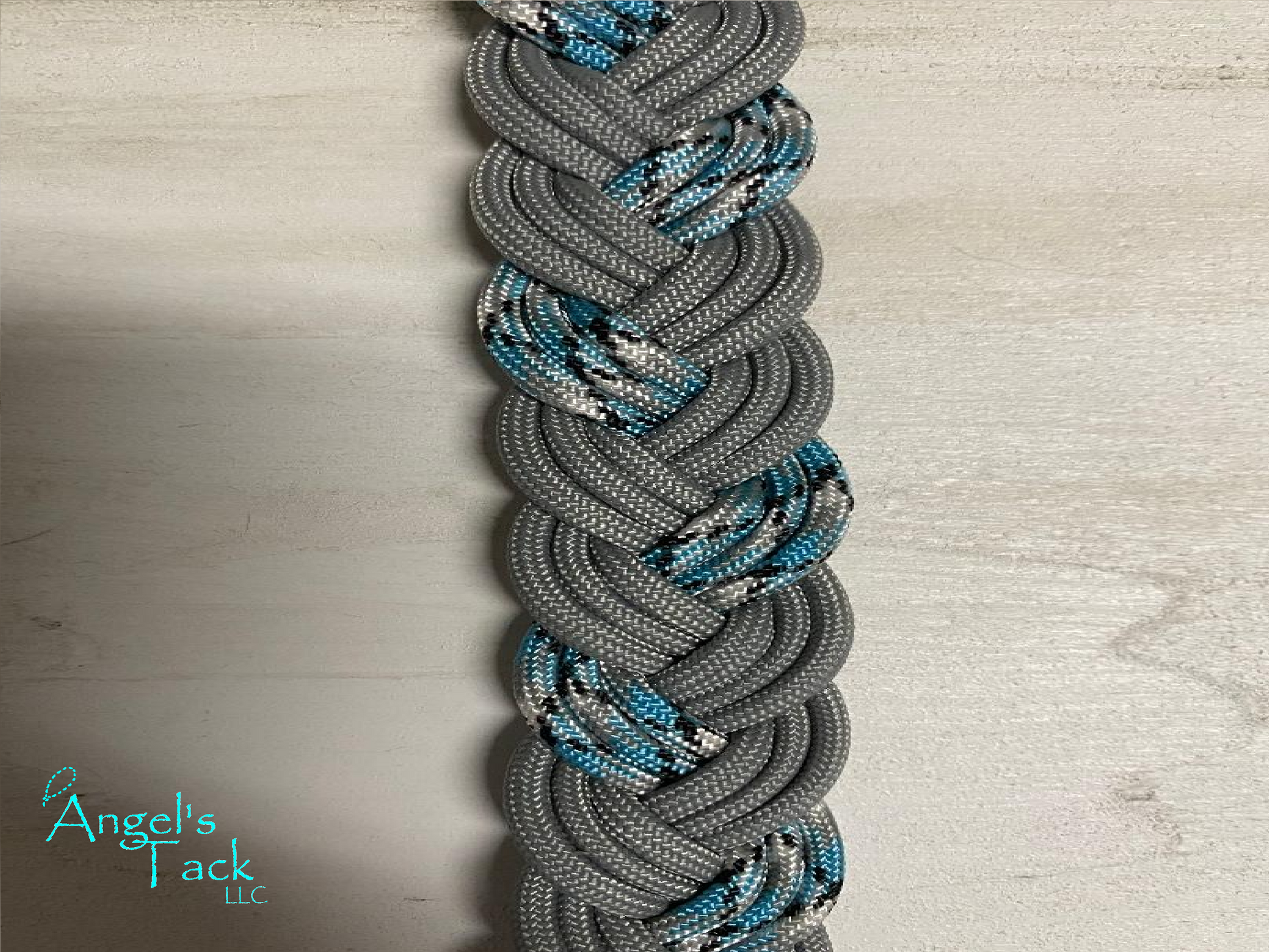 Blue and grey barrel reins, close up