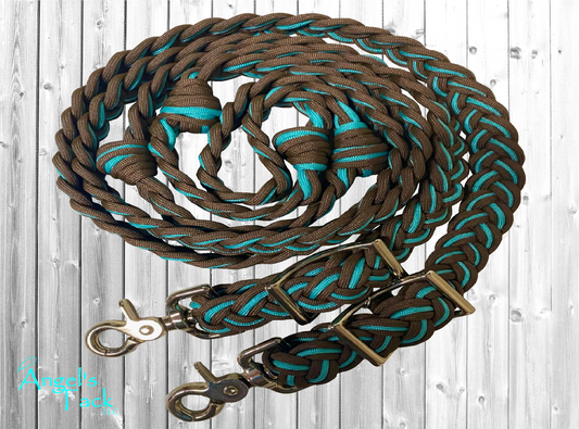 Brown and turquoise barrel reins