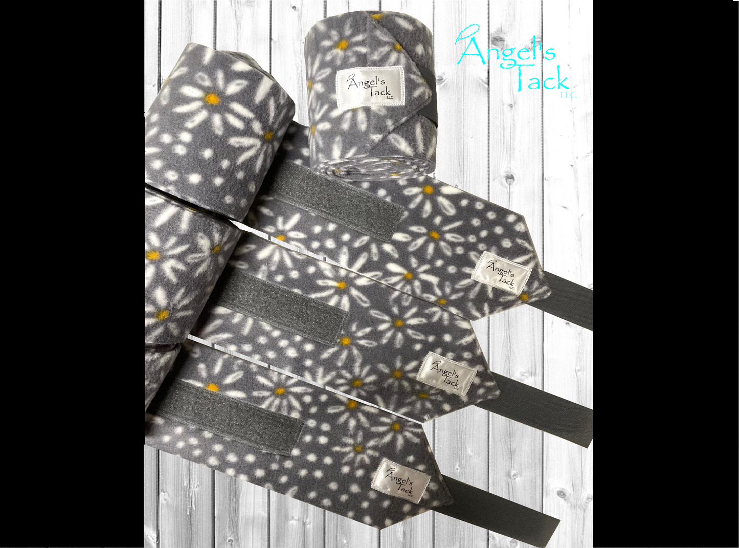 Grey daisy print horse polo wraps, unrolled