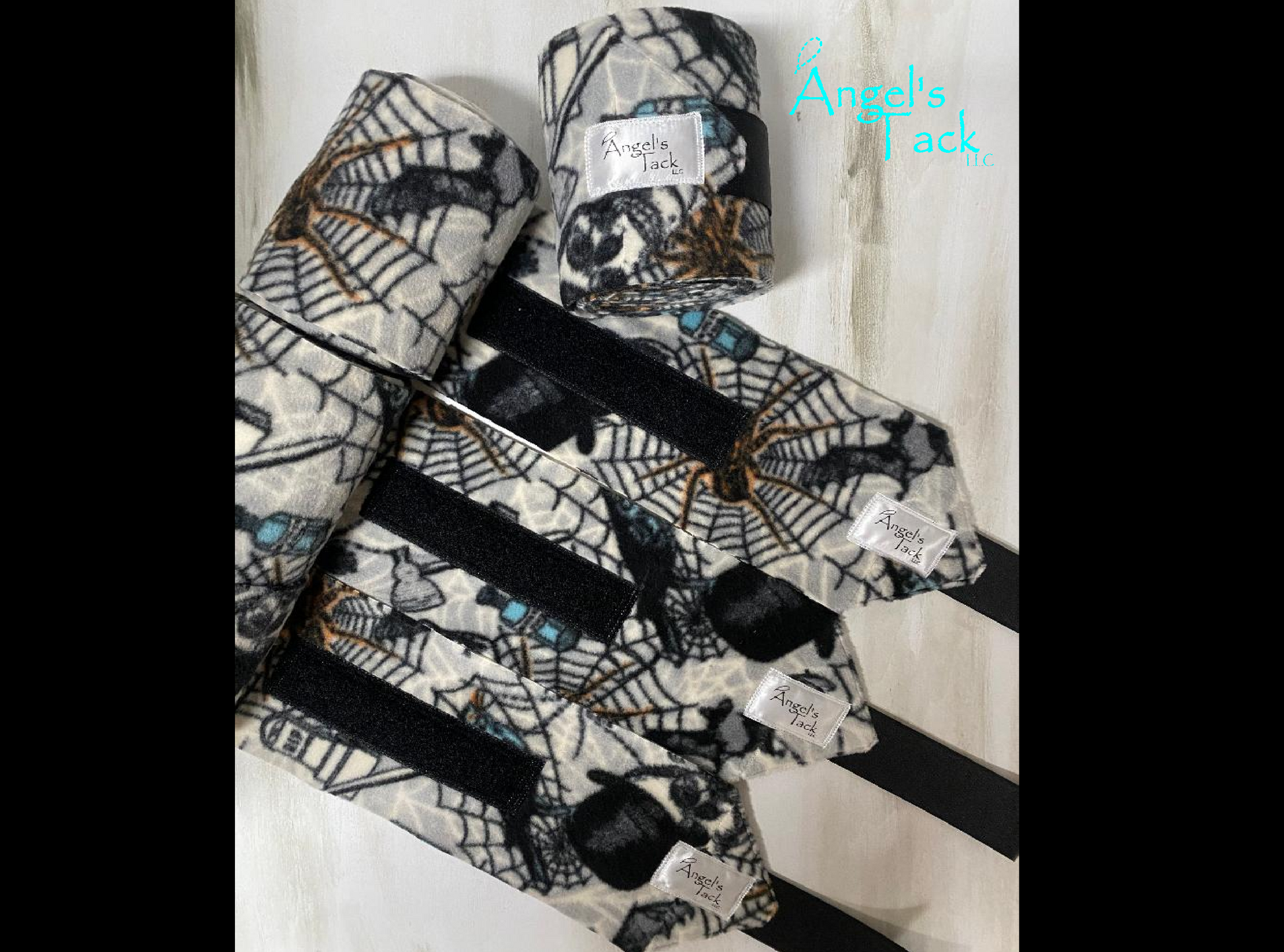 Grey spider web print horse polo wraps, unrolled