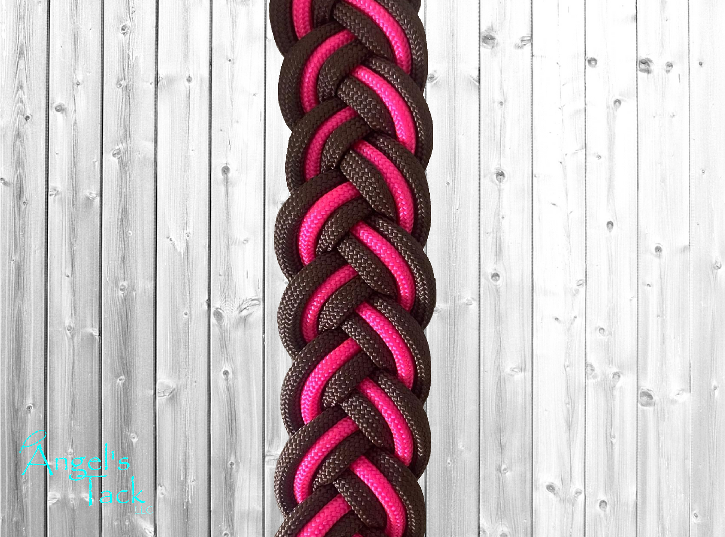 Hot pink and brown barrel reins, close up