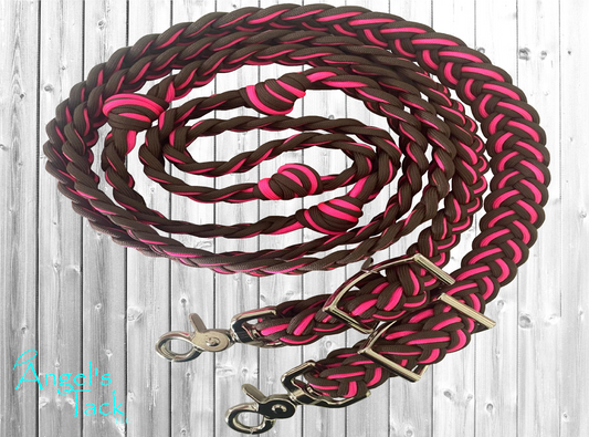 Hot pink and brown barrel reins