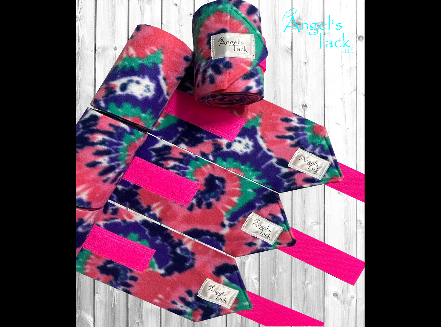 Hot pink purple and teal tie dye polo wraps , unrolled