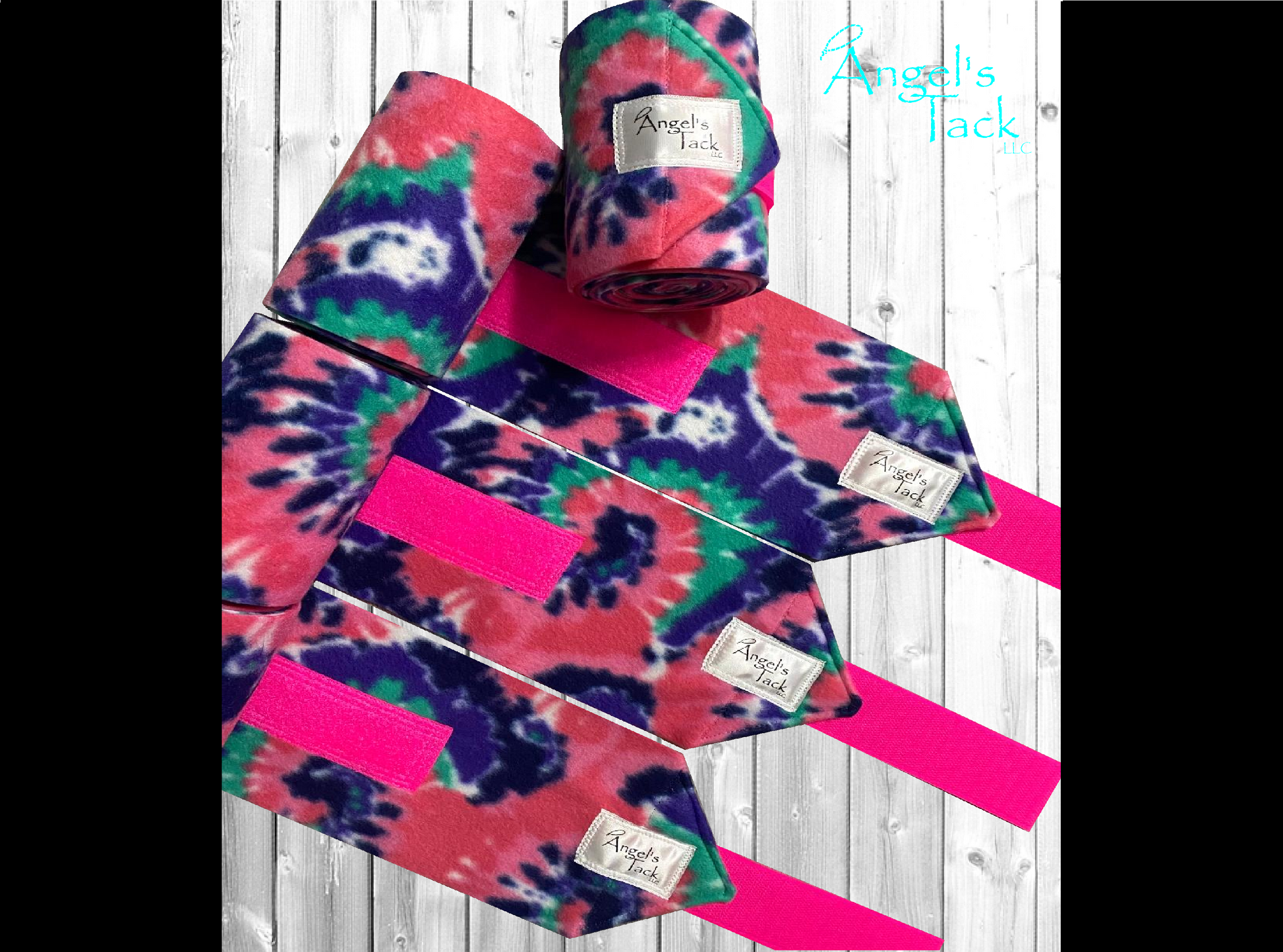 Hot pink purple and teal tie dye polo wraps , unrolled