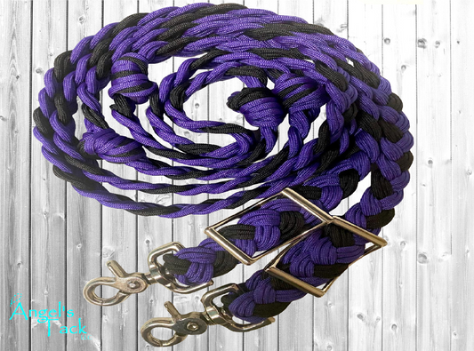 Purple and black barrel reins