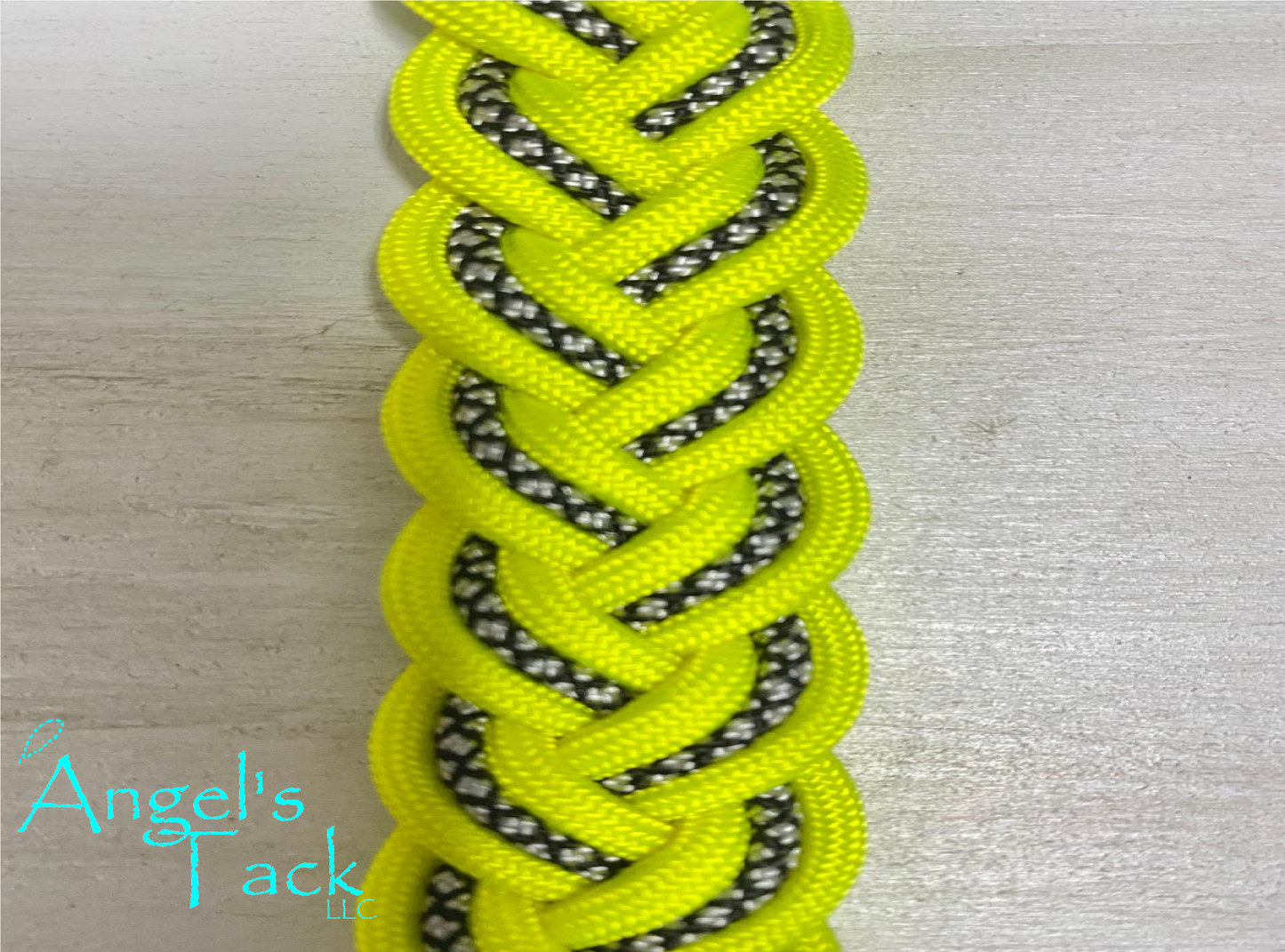 Neon yellow diamond barrel reins, close up