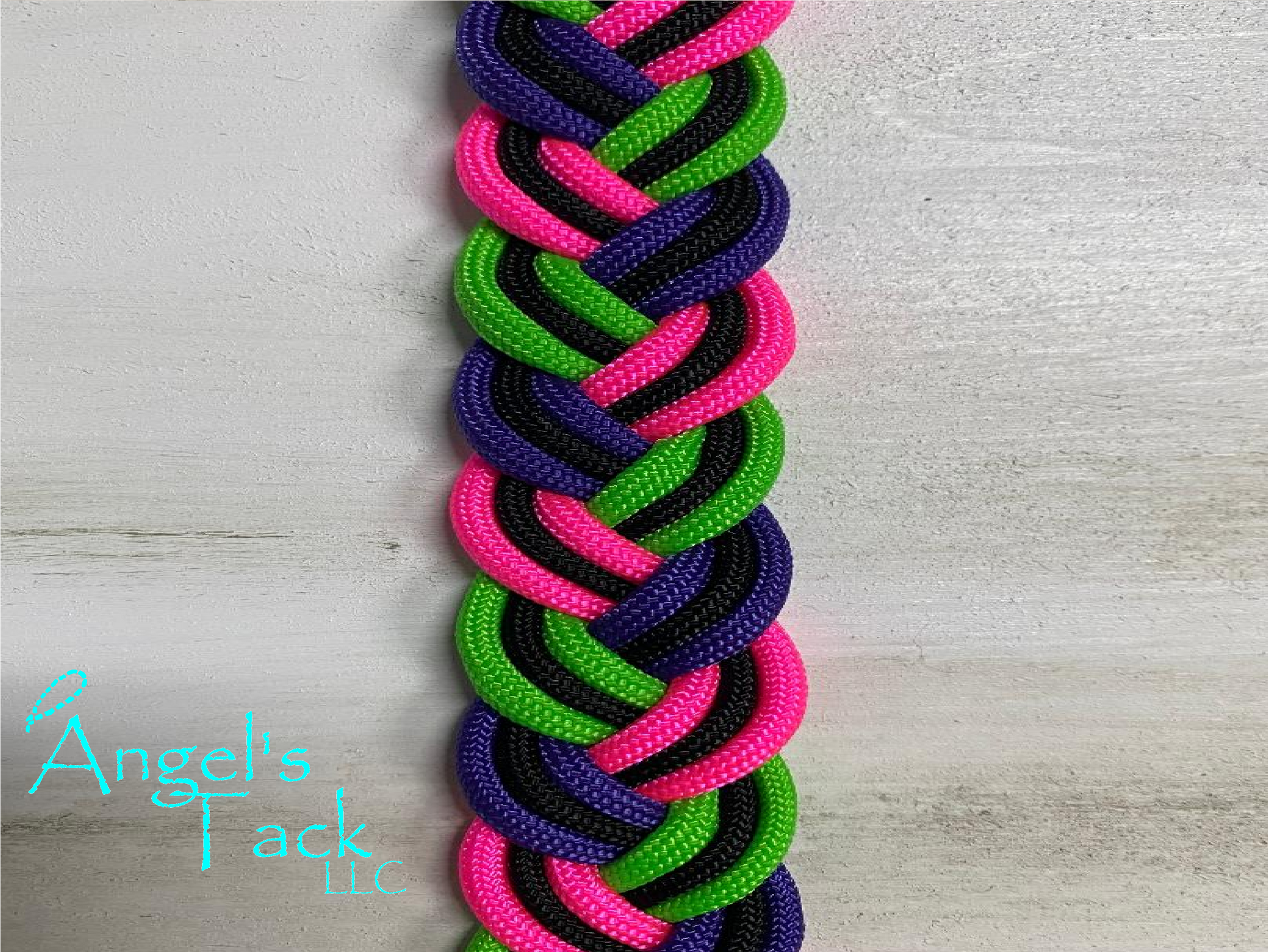 Neon green hot pink and purple barrel reins, close up