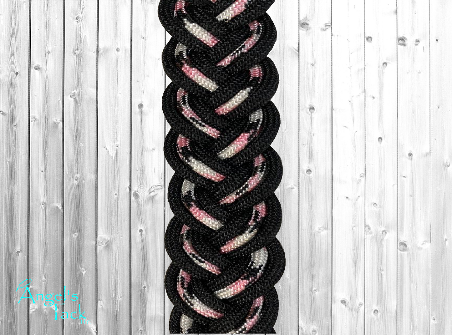 Pink and black barrel reins, close up