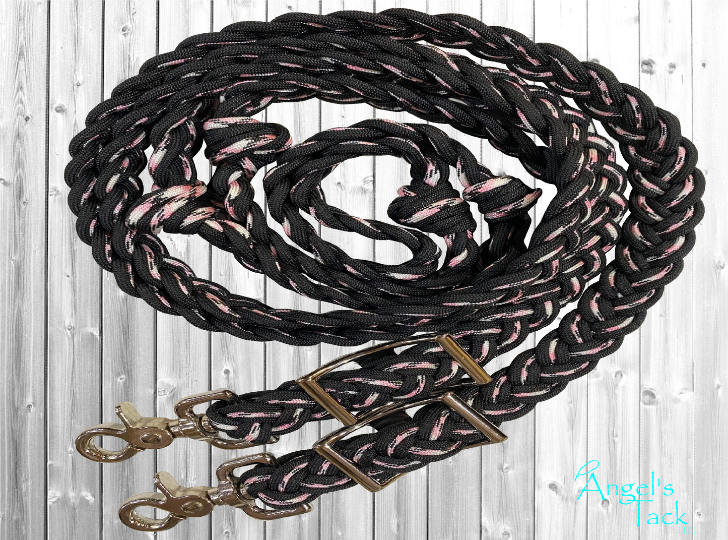 Pink and black barrel reins