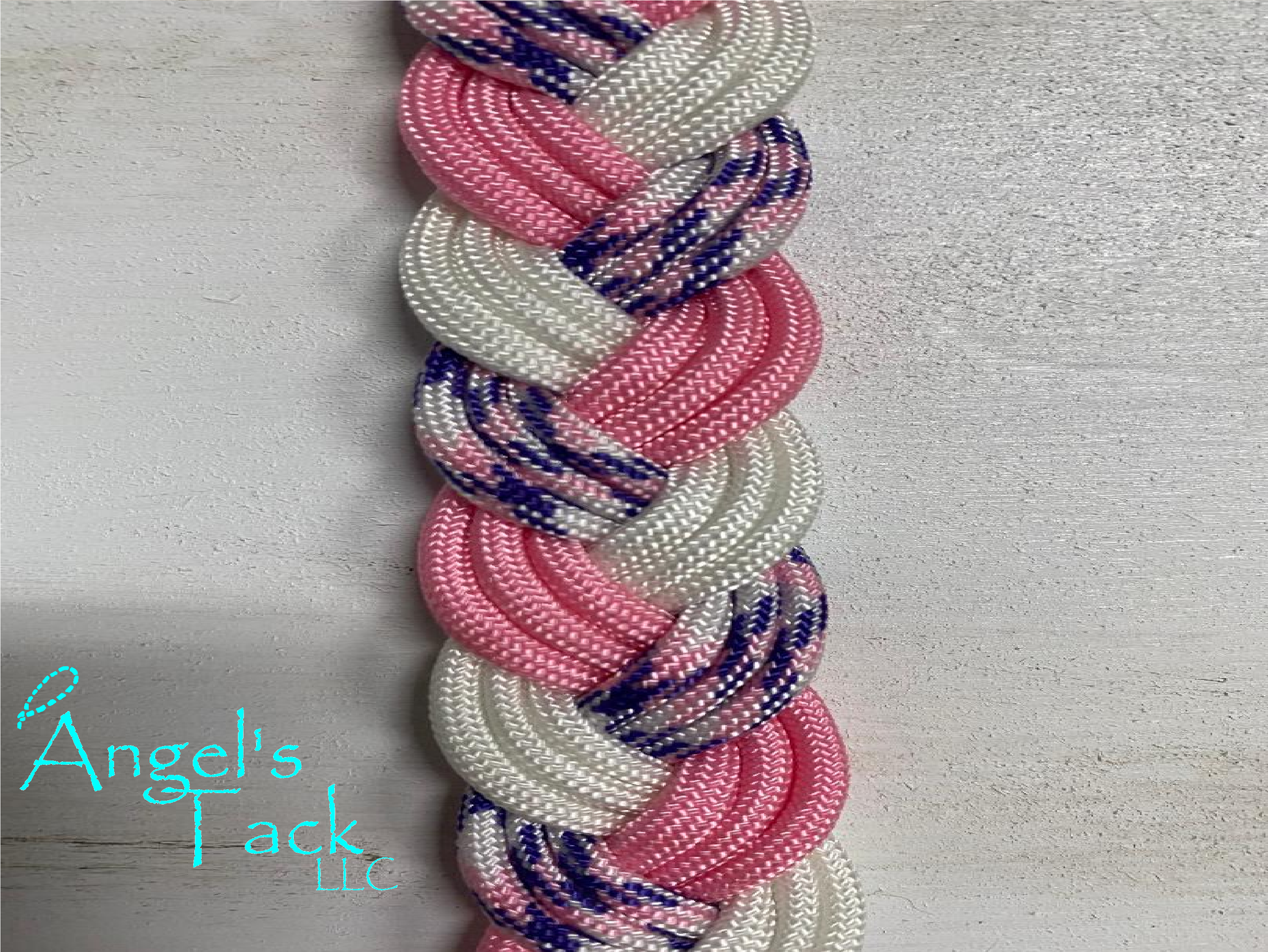 Pink purple and white barrel reins, close up