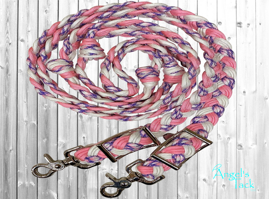 Purple, pink, and white braided paracord barrel reins