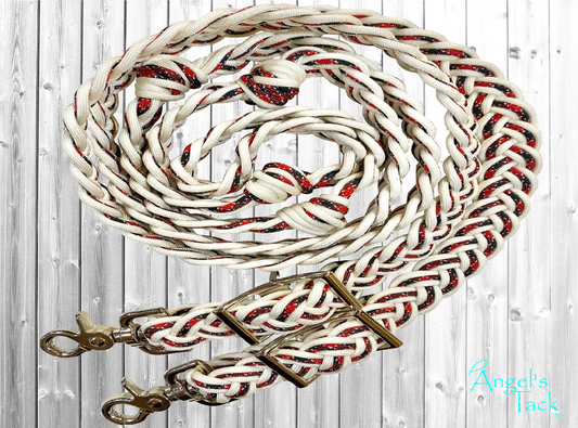 Red, black, and white patterned braided paracord barrel reins