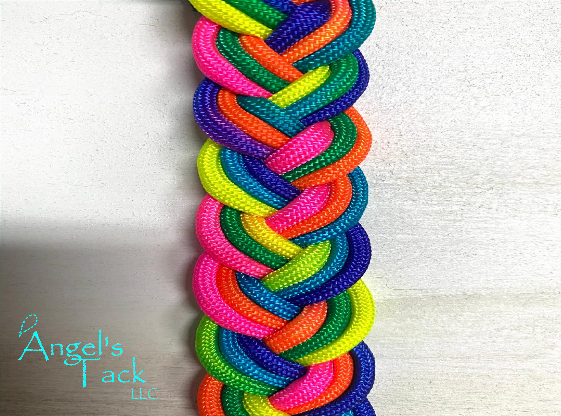 Rainbow braided paracord barrel reins, close up