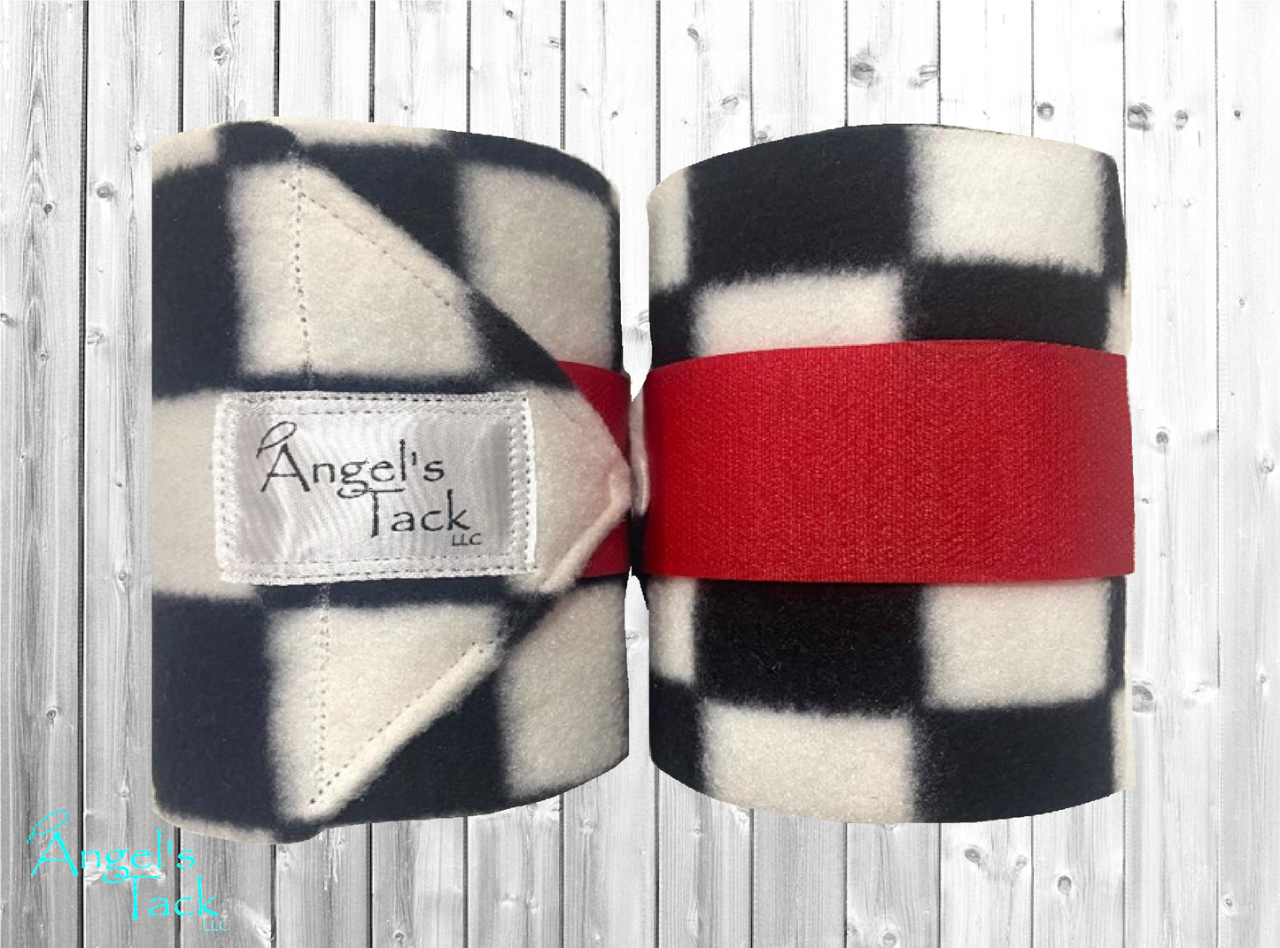 Pair of black and white checker polo wraps with red velcro