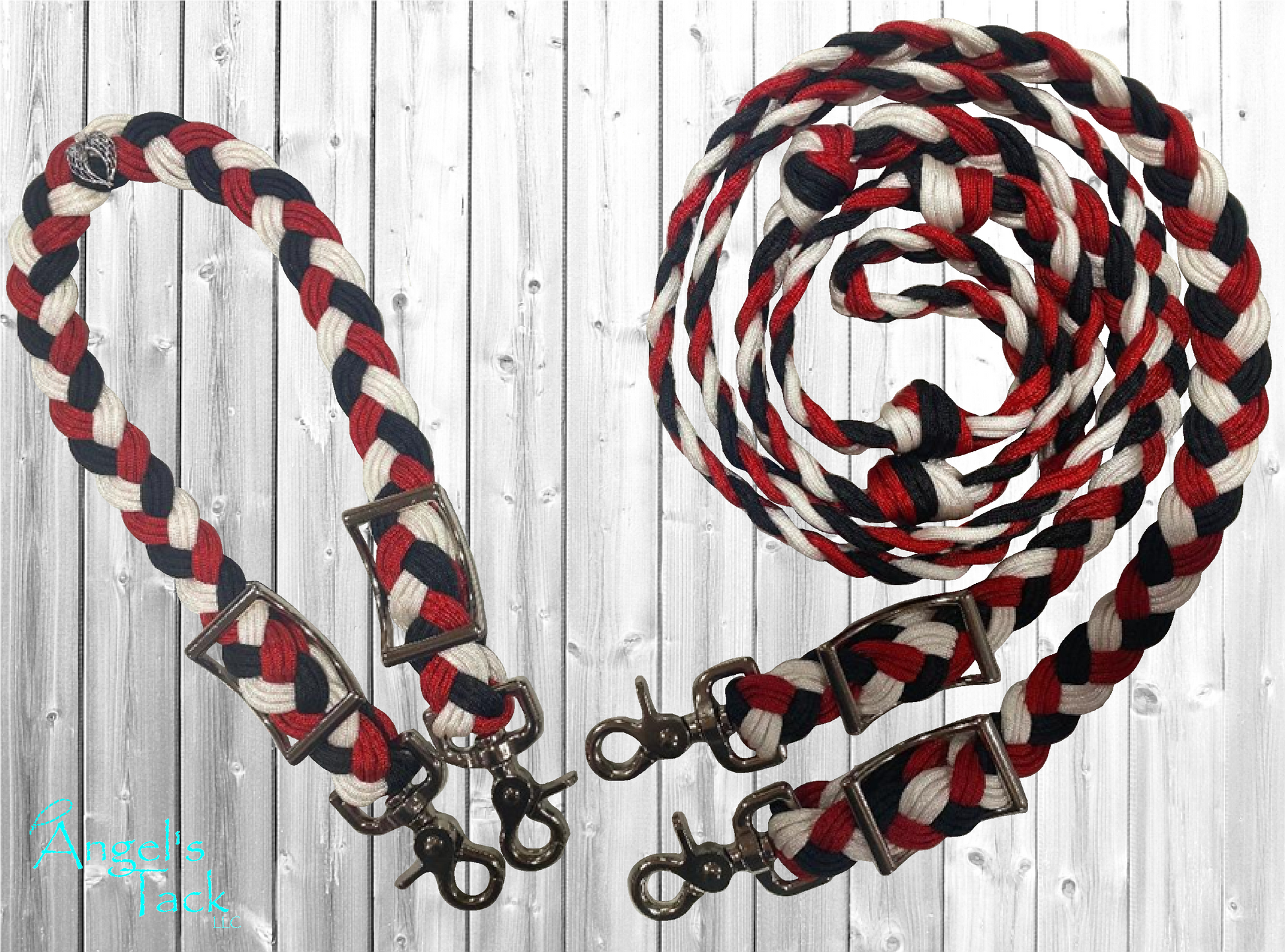 Red black and white barrel rein and wither strap set