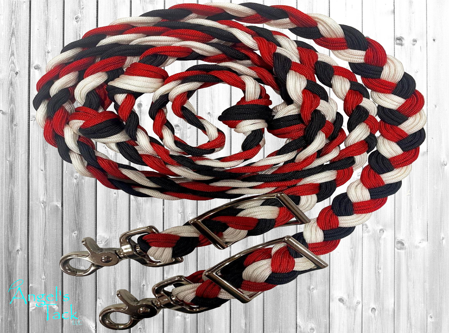 Red black and white barrel reins