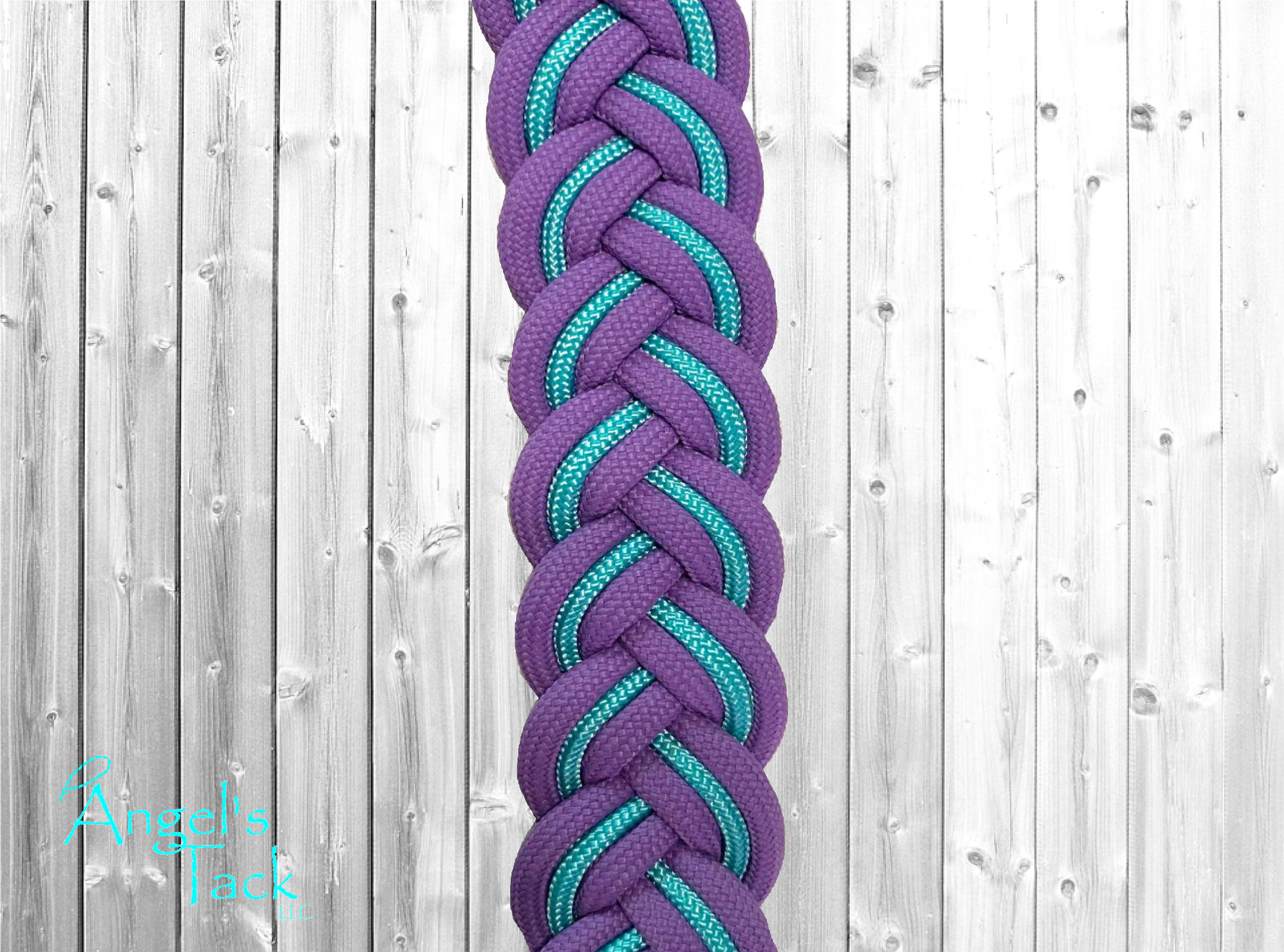Turquoise and purple barrel reins, close up