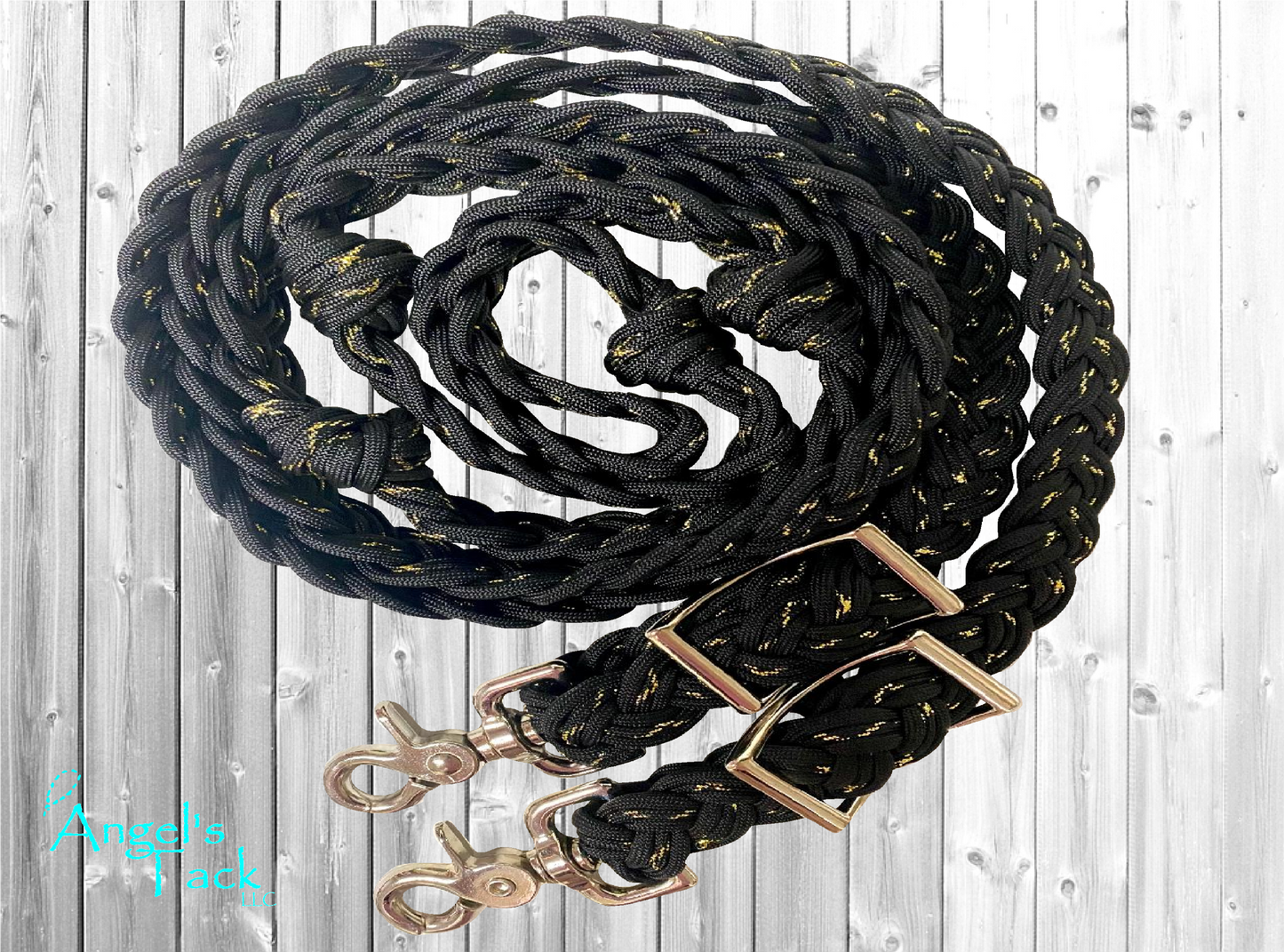 Black and metallic gold braided paracord barrel reins