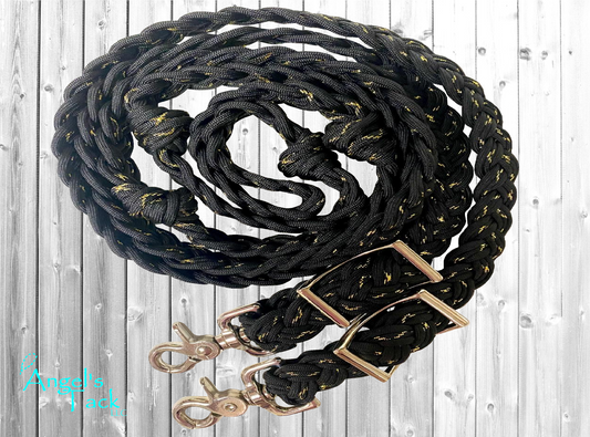 Black and metallic gold braided paracord barrel reins