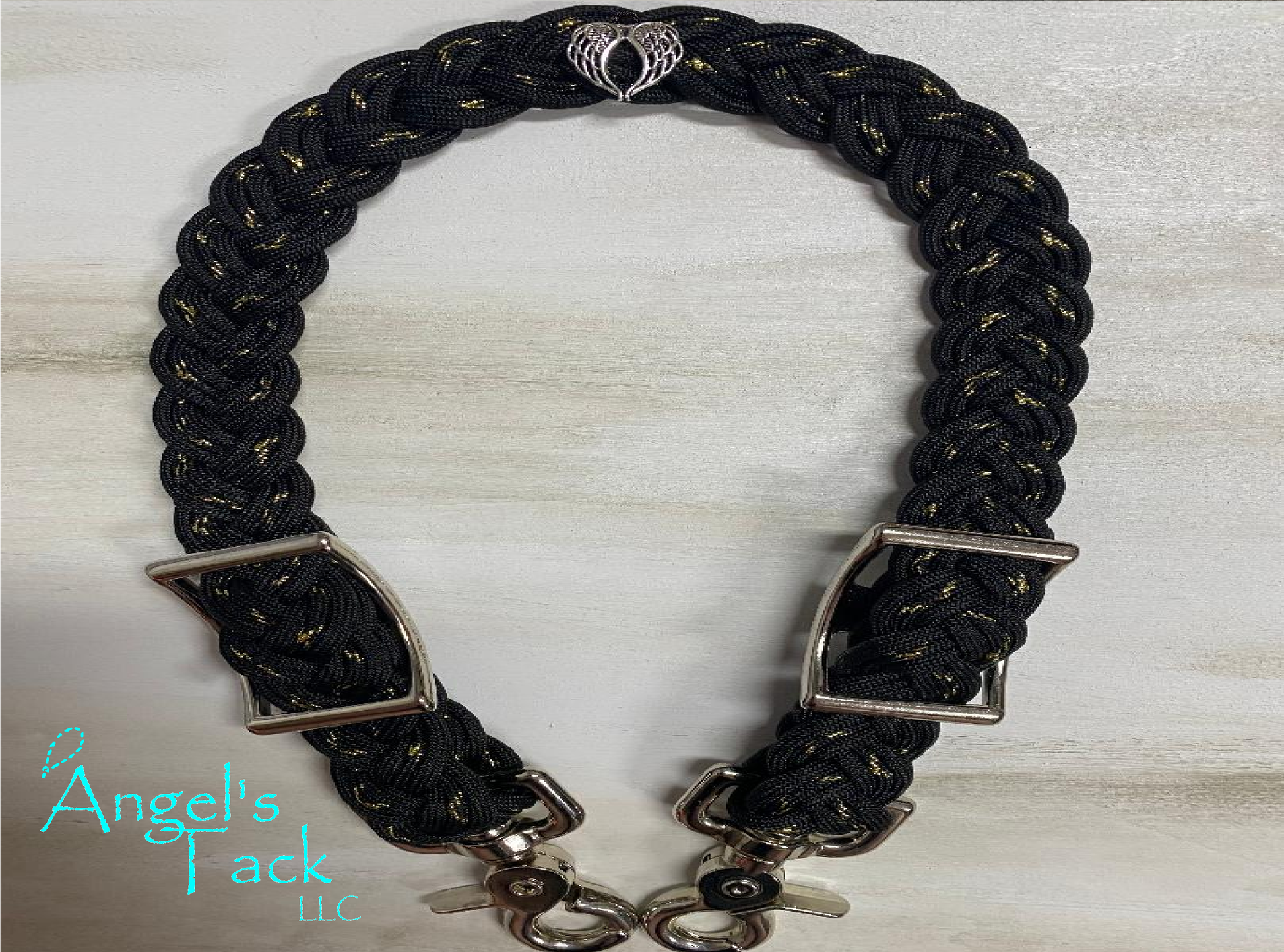 Black and metallic gold braided paracord wither strap