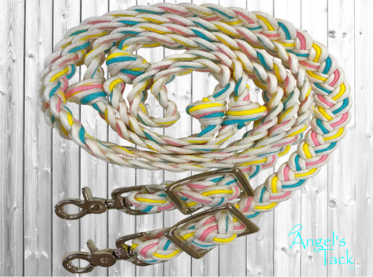 White blue pink and yellow barrel reins