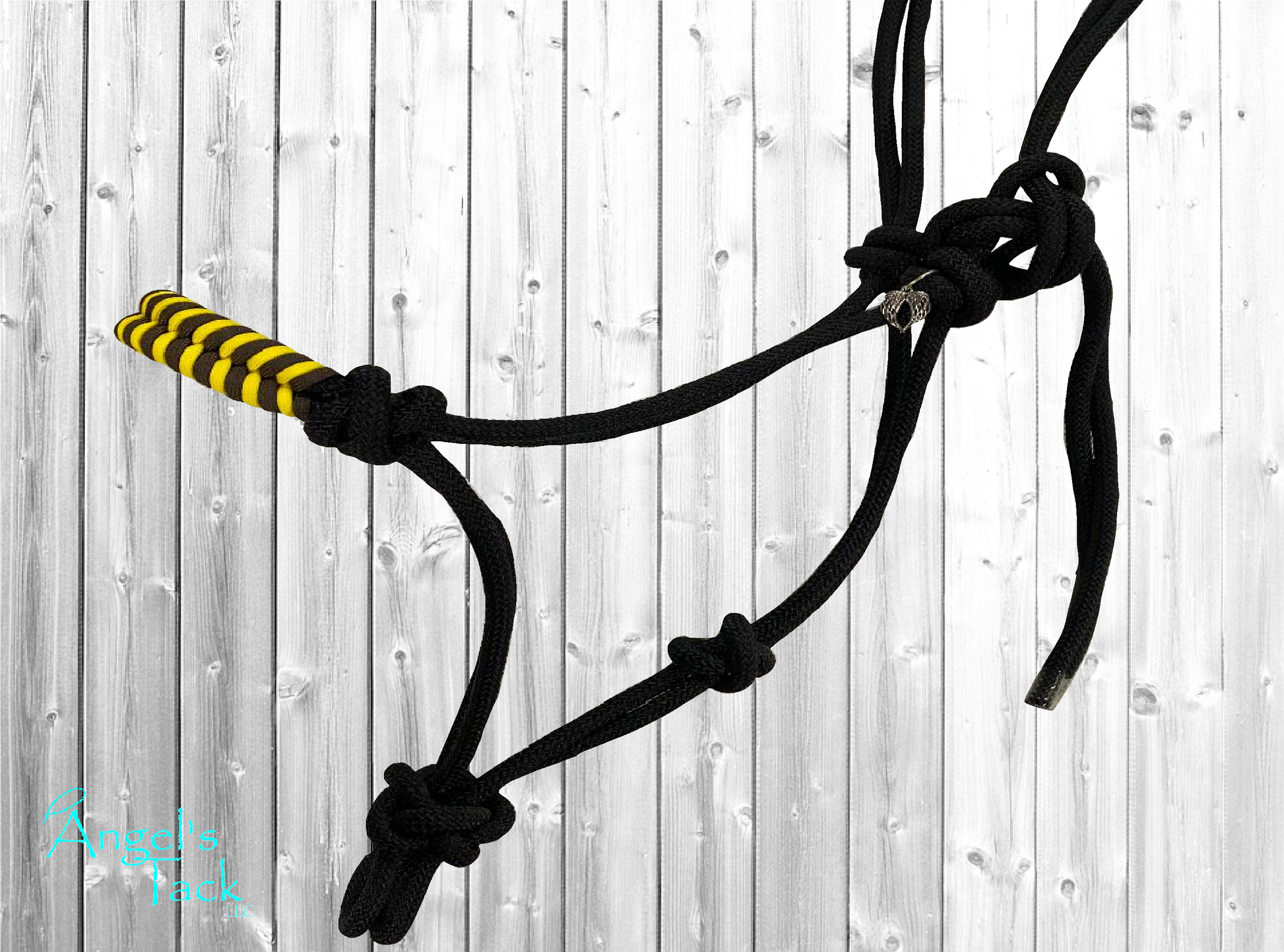 Black horse rope halter with yellow and brown sunflower braided paracord noseband