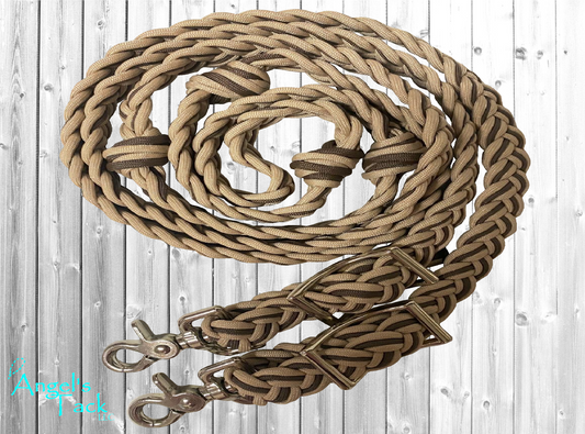 Tan and brown barrel reins