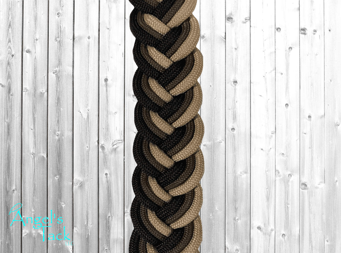 Tan brown and black barrel reins, close up