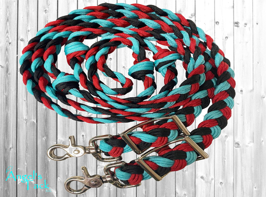 Turquoise red and black barrel reins