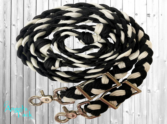 Black and white barrel reins