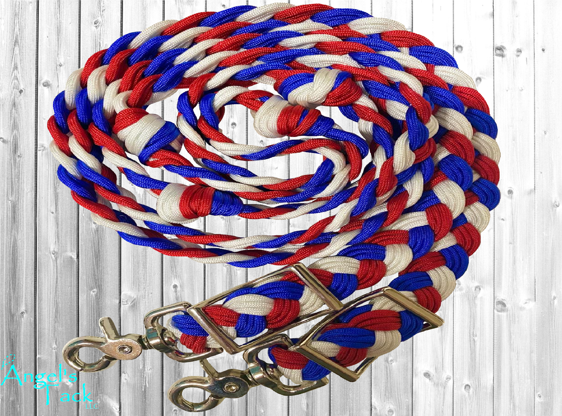 Red white and blue braided paracord barrel reins