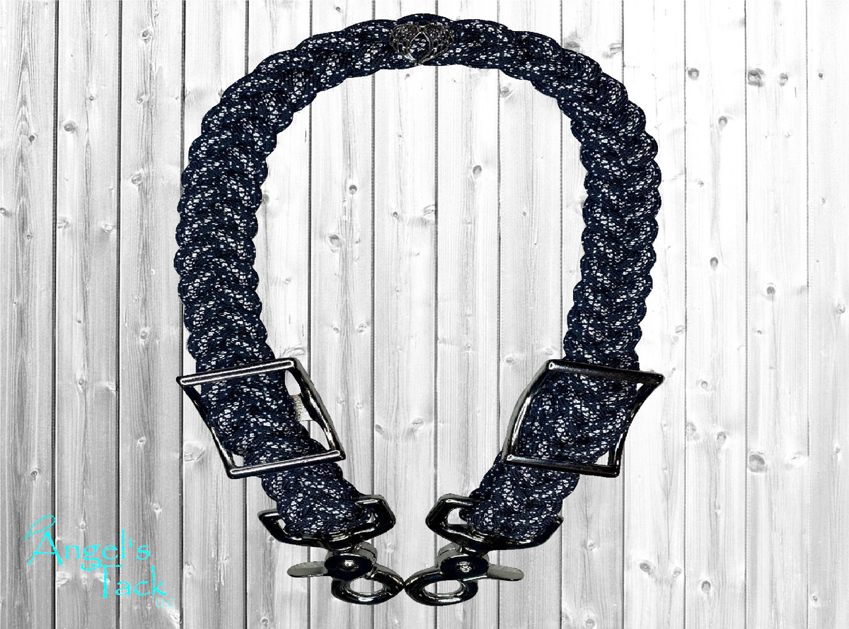 A black diamond and sparkle patterned braided paracord wither strap by Angel's Tack LLC. The wither strap features a silver angel wing charm at the top.
