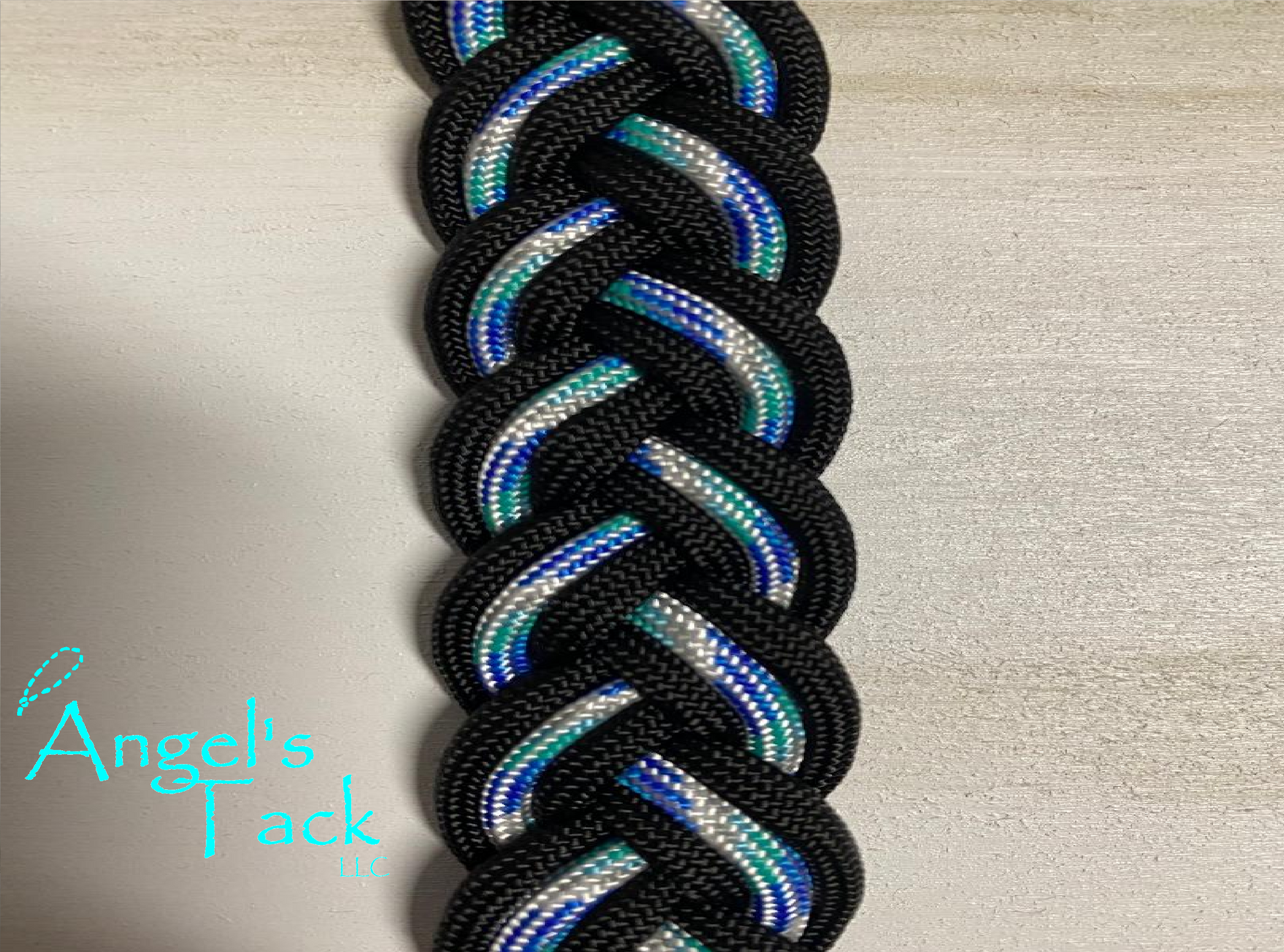 Blue and black barrel reins, close up