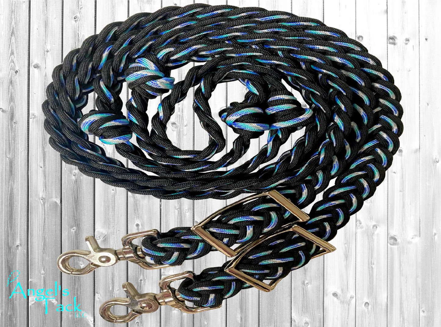 Blue and black barrel reins