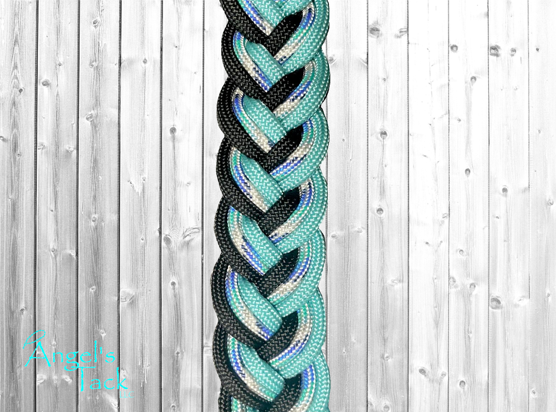 Turquoise and black barrel reins, close up