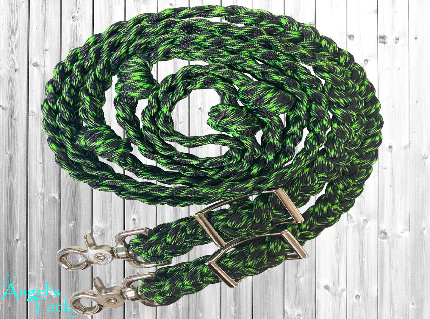 neon green and black braided paracord barrel reins