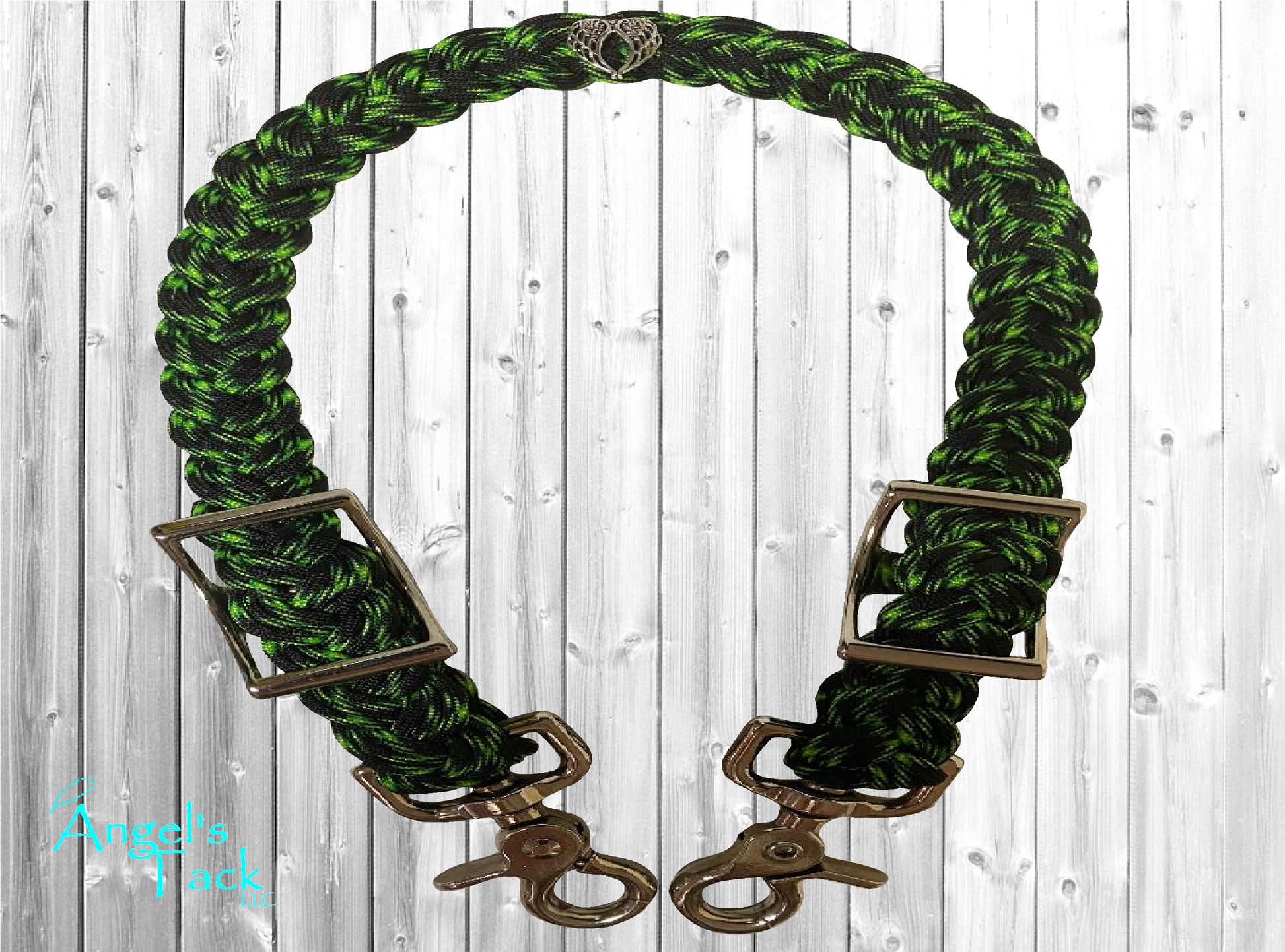 Black and neon green patterned braided paracord wither strap