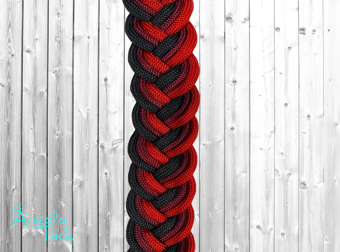 Red and black barrel reins, close up