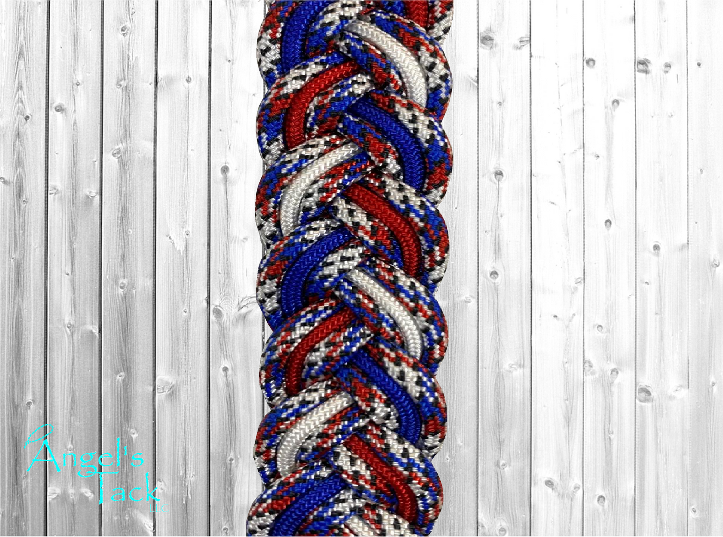 Red white and blue barrel reins, close up