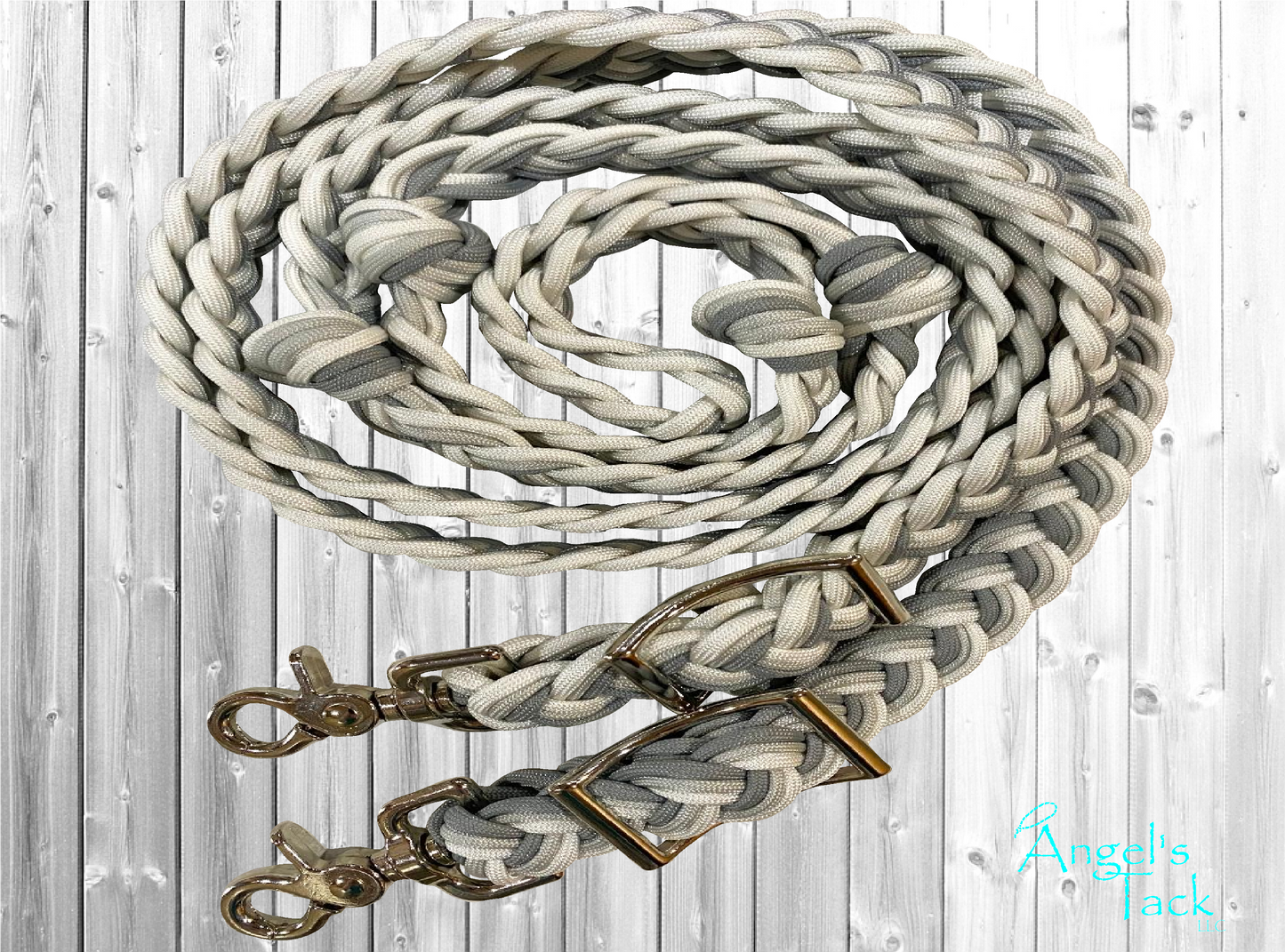 Grey and white barrel reins