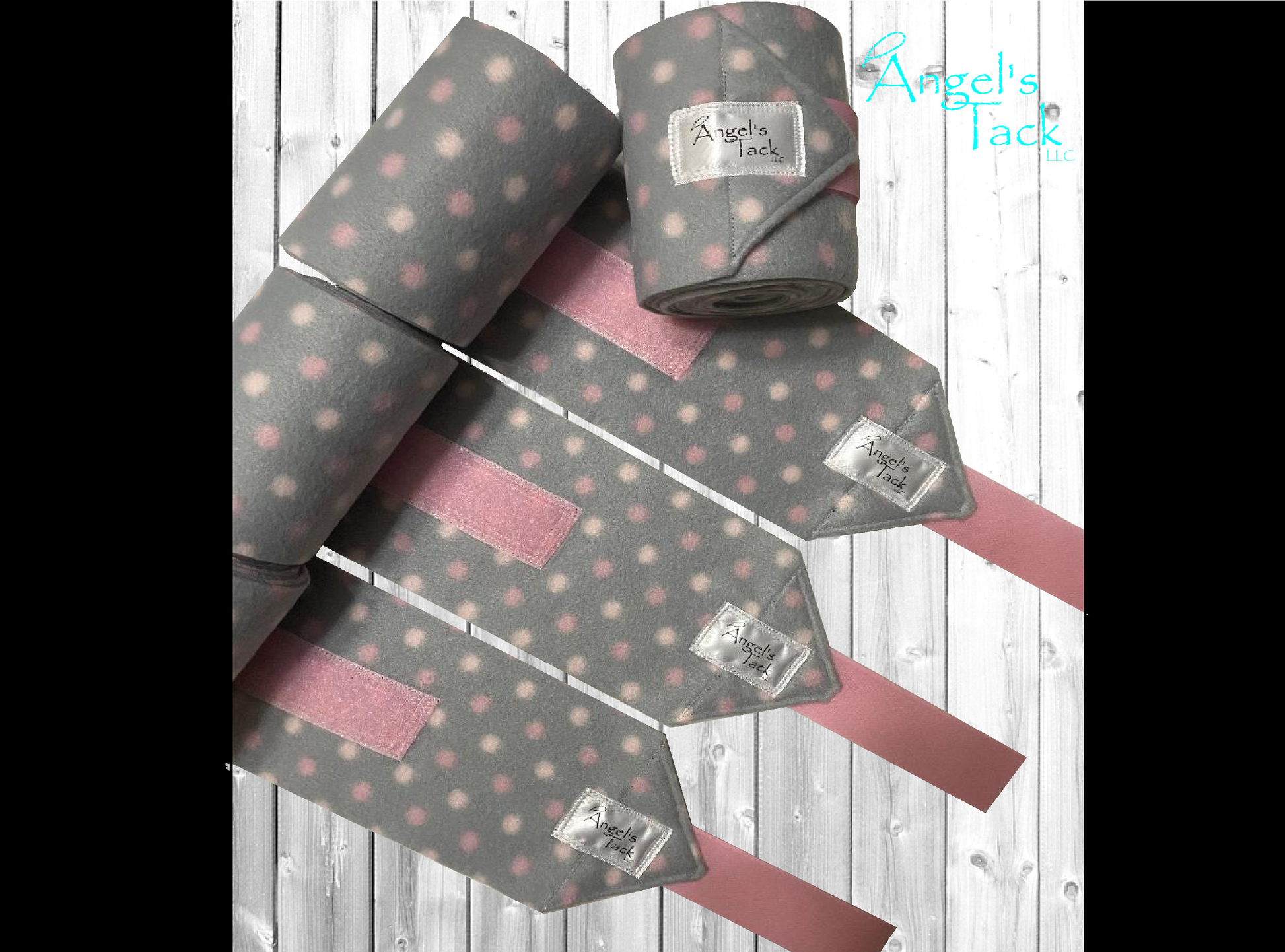 Grey and pink polka dot polo wraps, unrolled