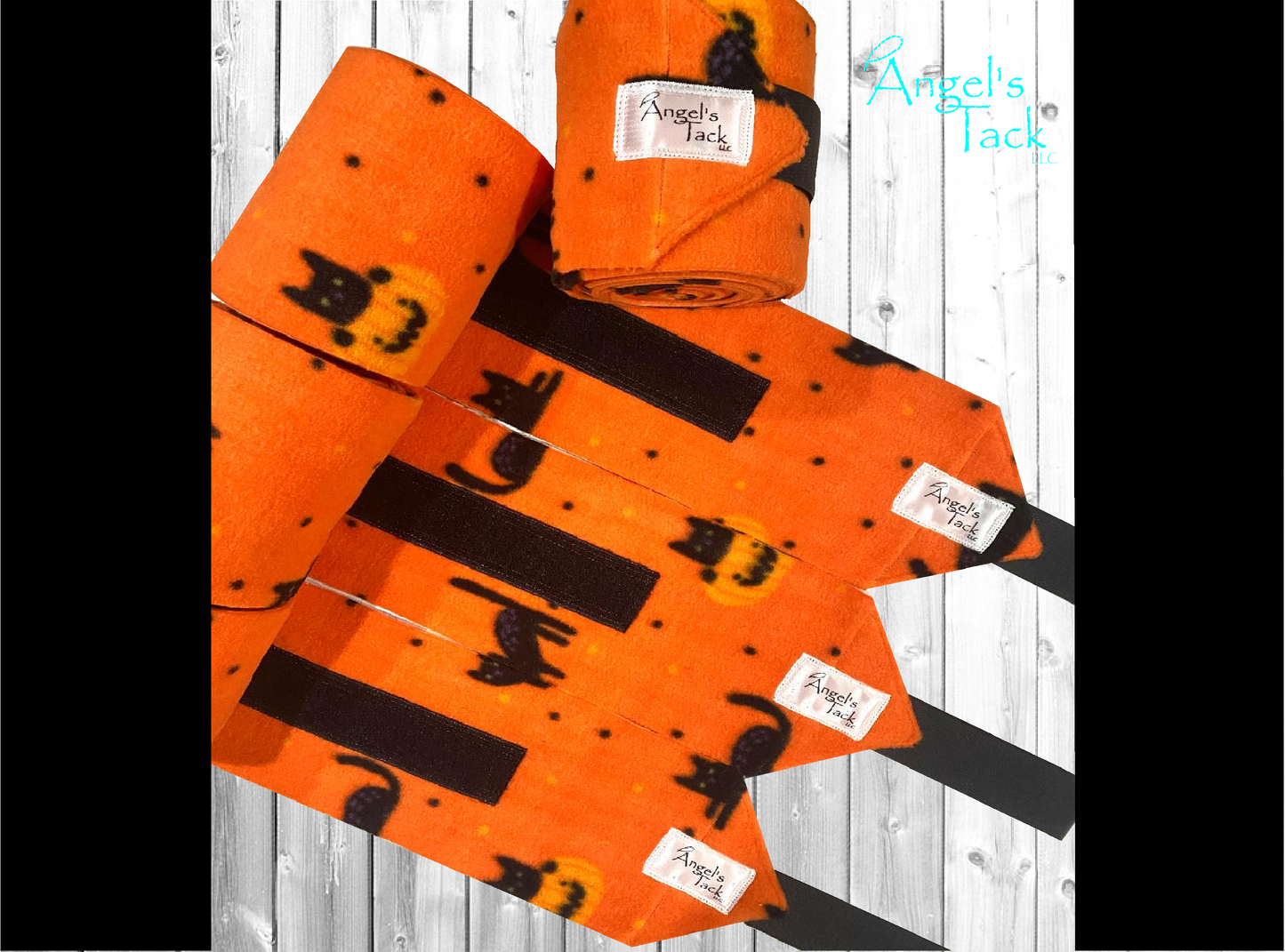 Orange black cat print horse polo wraps, unrolled