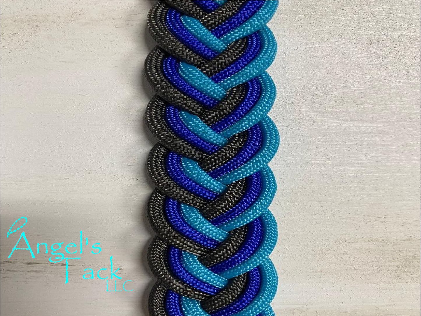 Blue and grey barrel reins, close up