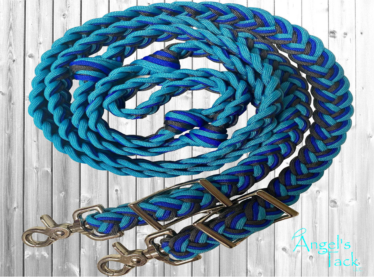 Blue and grey barrel reins