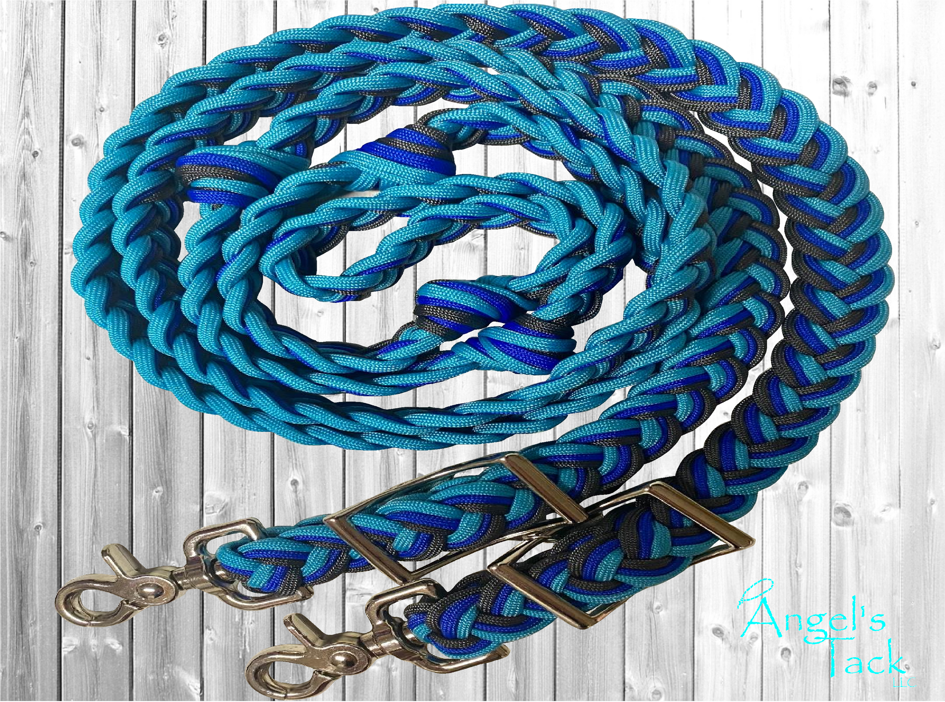 Blue and grey barrel reins