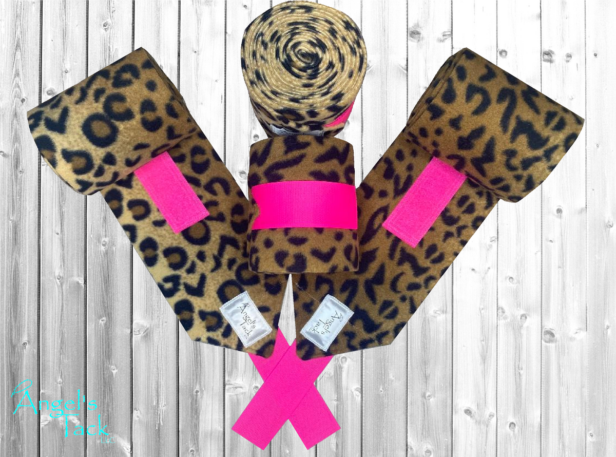 Leopard print horse polo wraps with hot pink velcro by Angel's Tack LLC.