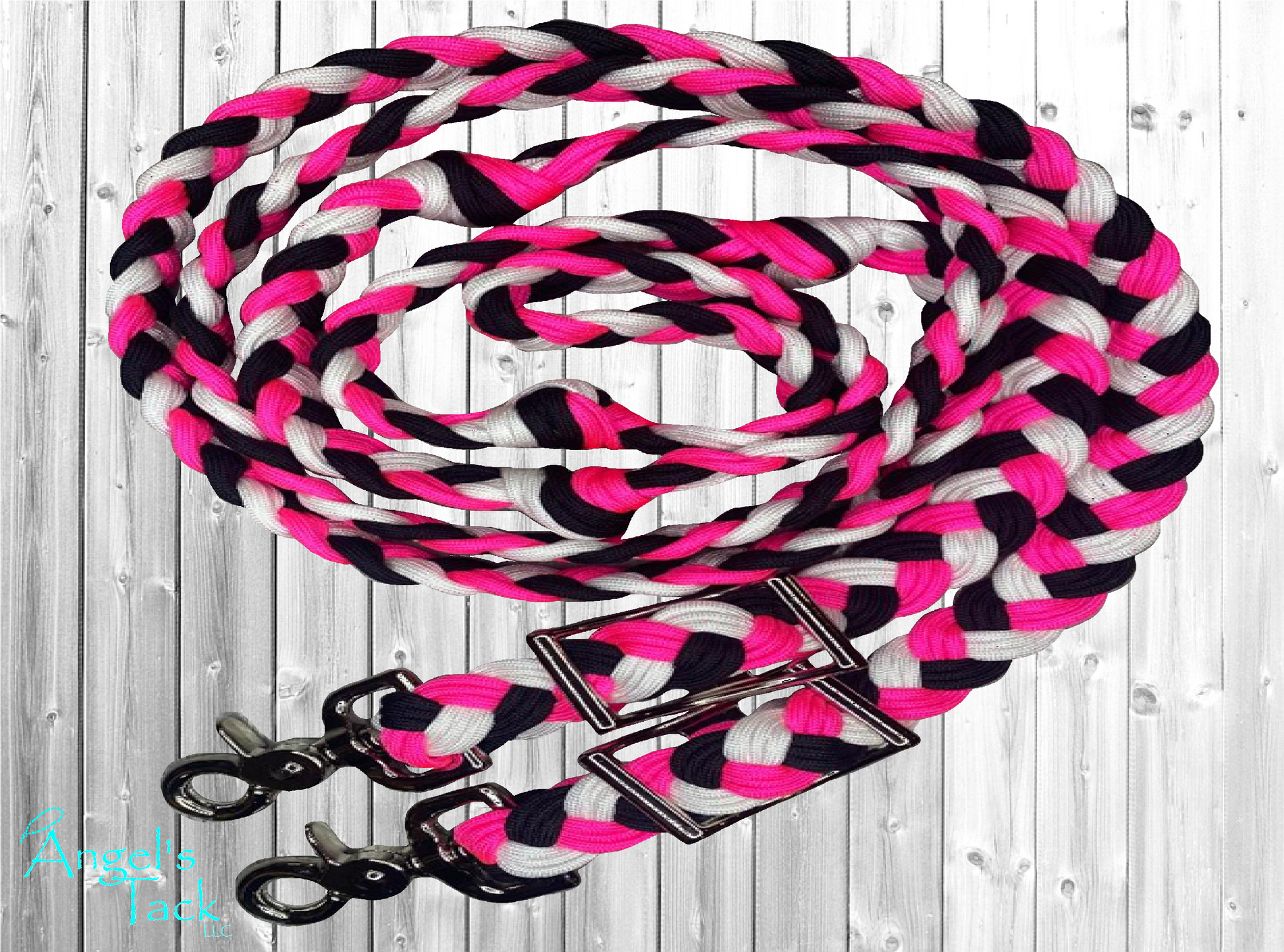 Hot pink, black, and white checker barrel reins